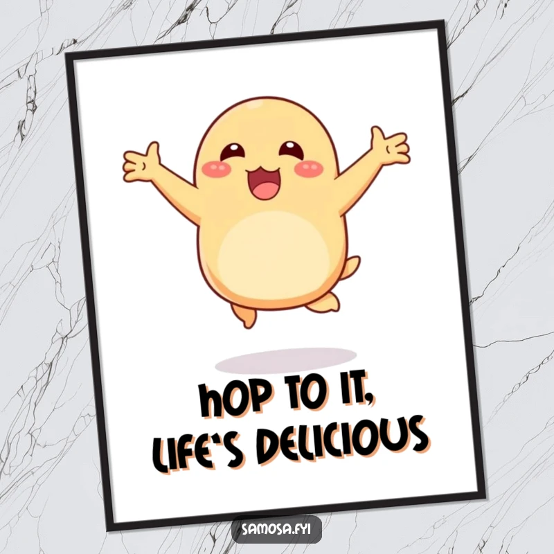 Funny Free Printable Wall Art: Happy samosa hopping with joyful excitement and open arms. Quirky downloadable decor.