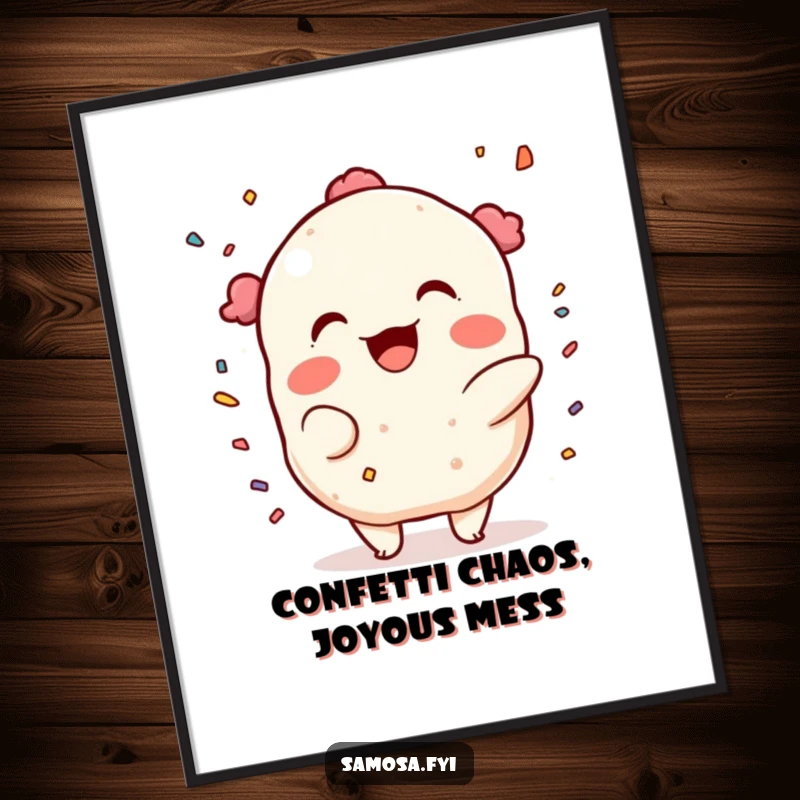 Funny Free Printable Wall Art: A samosa character throwing confetti with a mischievous grin, creating a festive and lively atmosphere.