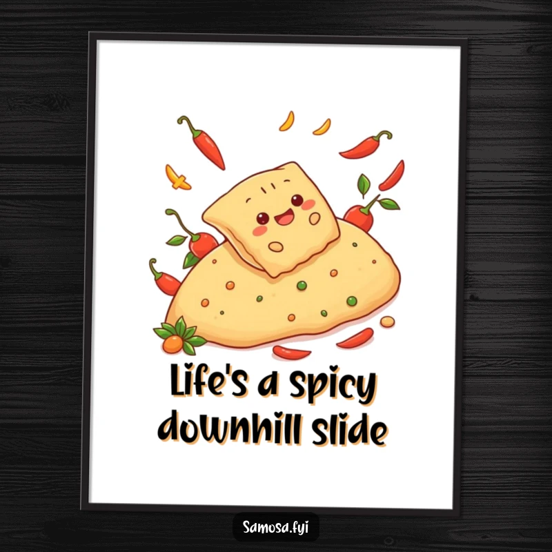 Funny Free Printable Wall Art: Cheerful samosa sliding down a spicy red pepper hill. Action-packed and humorous downloadable decor.