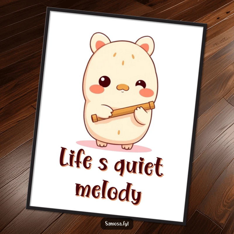 Funny free printable wall art of a shy samosa character playing a tiny flute, evoking a serene and humorous atmosphere.