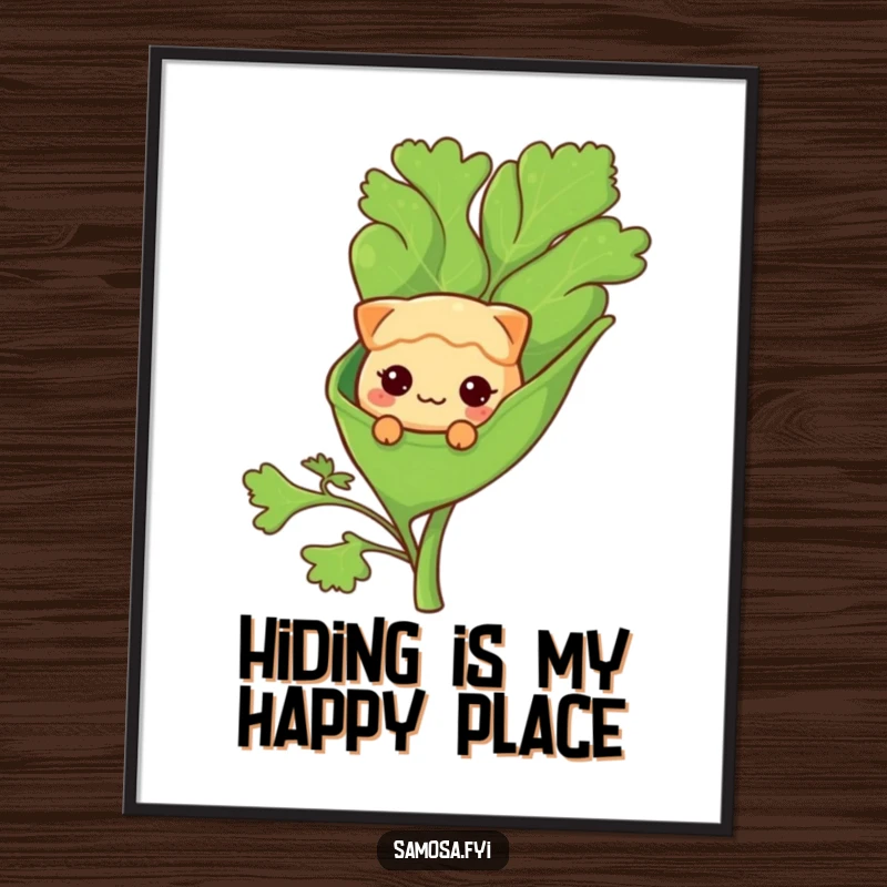 Funny Free Printable Wall Art: Shy samosa character peeking from a large coriander leaf, a charming downloadable piece.