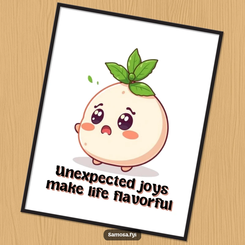 Funny Free Printable Wall Art depicting a samosa character with wide, surprised eyes reacting to a flying mint leaf.