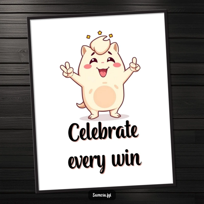 Funny free printable wall art of a samosa character striking a dynamic victory pose, radiating triumph and humor.
