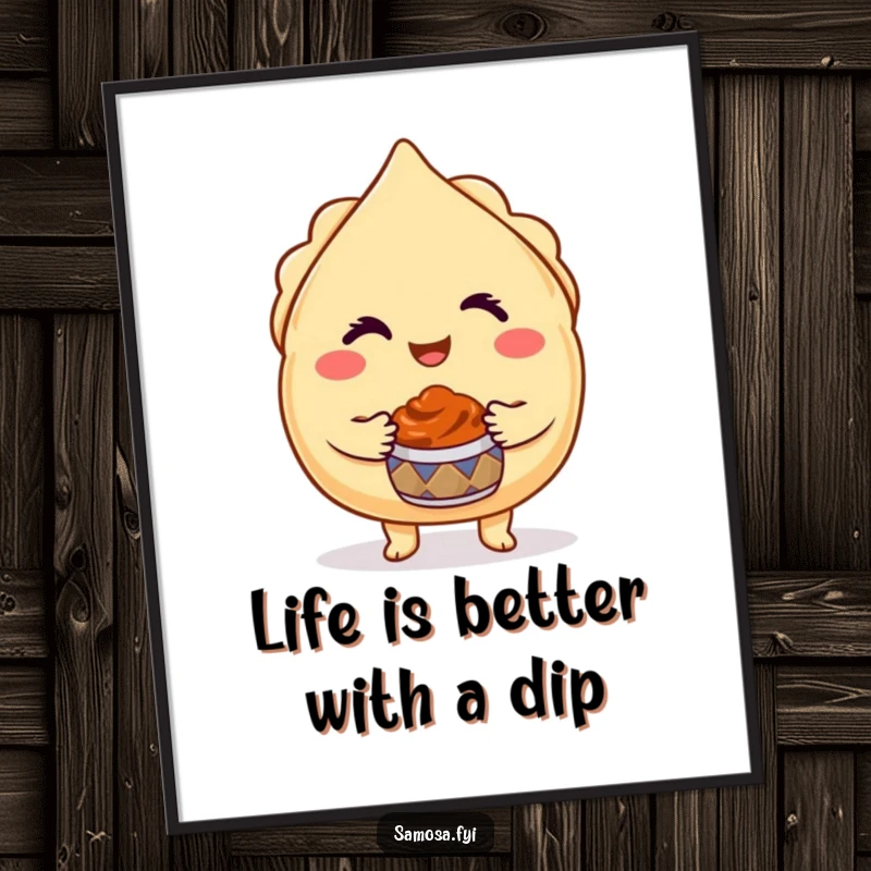 Funny Free Printable Wall Art of a winking samosa character offering a small pot of delicious chutney.