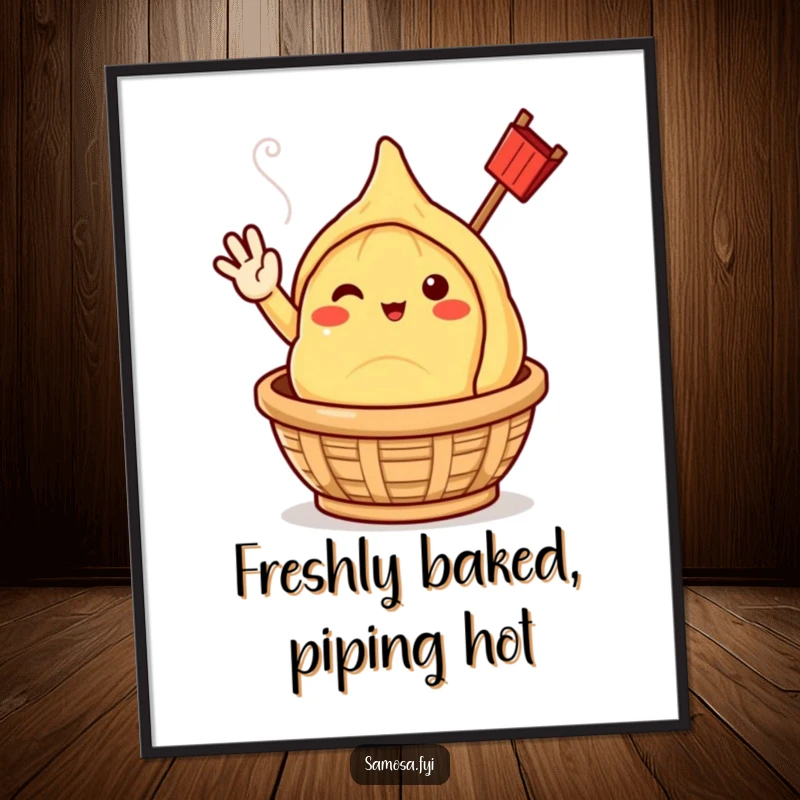 Funny Free Printable Samosa Wall Art, a cheerful character waving hello from a steaming basket, adding charm.