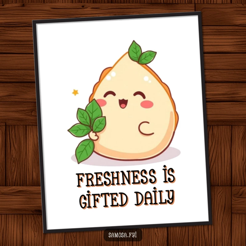 Funny Free Printable Wall Art: A happy samosa joyfully offering a mint leaf, adding a whimsical touch to decor.