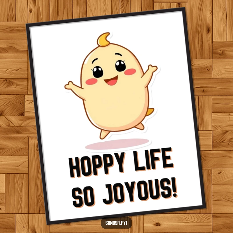 Funny Free Printable Wall Art: Samosa character doing a funny little hop with a big grin, creating a lively and humorous decorative accent.