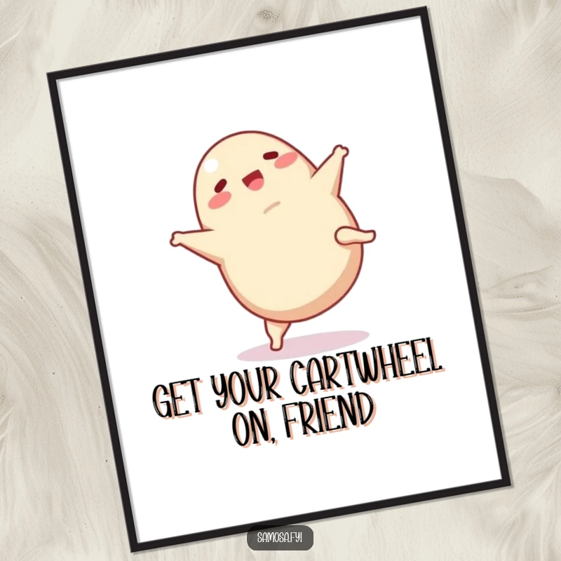 Funny Free Printable Wall Art: A delighted samosa with legs executing a playful cartwheel. Hilarious downloadable kitchen decor.