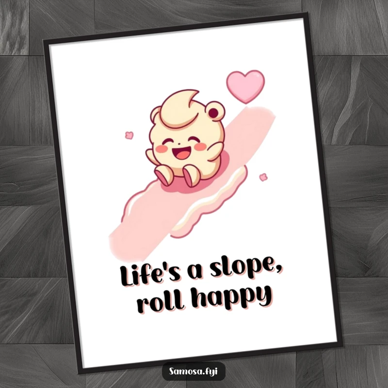 Playful Free Printable Wall Art of a laughing Laddoo character rolling down a sugary slope, bringing sweet cheer.
