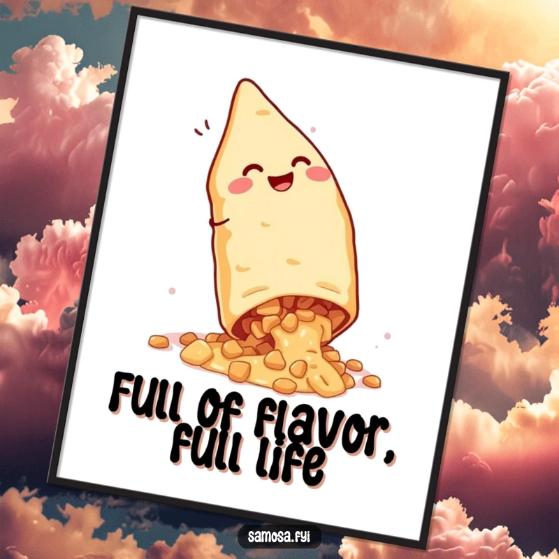 Funny free printable wall art: a joyful samosa performs a cartwheel, its delightful filling spilling out in mid-air.