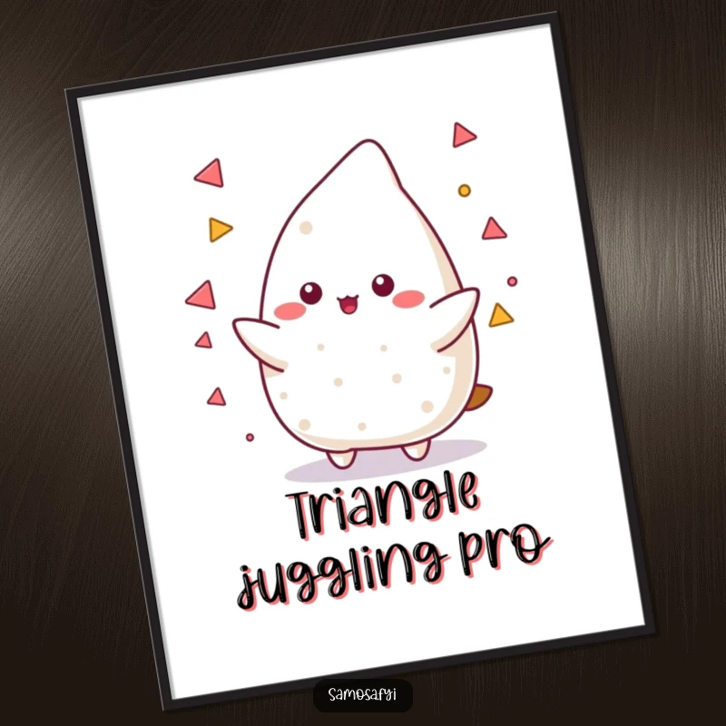 Funny Free Printable Wall Art: A samosa character skillfully juggling tiny triangular shapes, demonstrating playful dexterity.