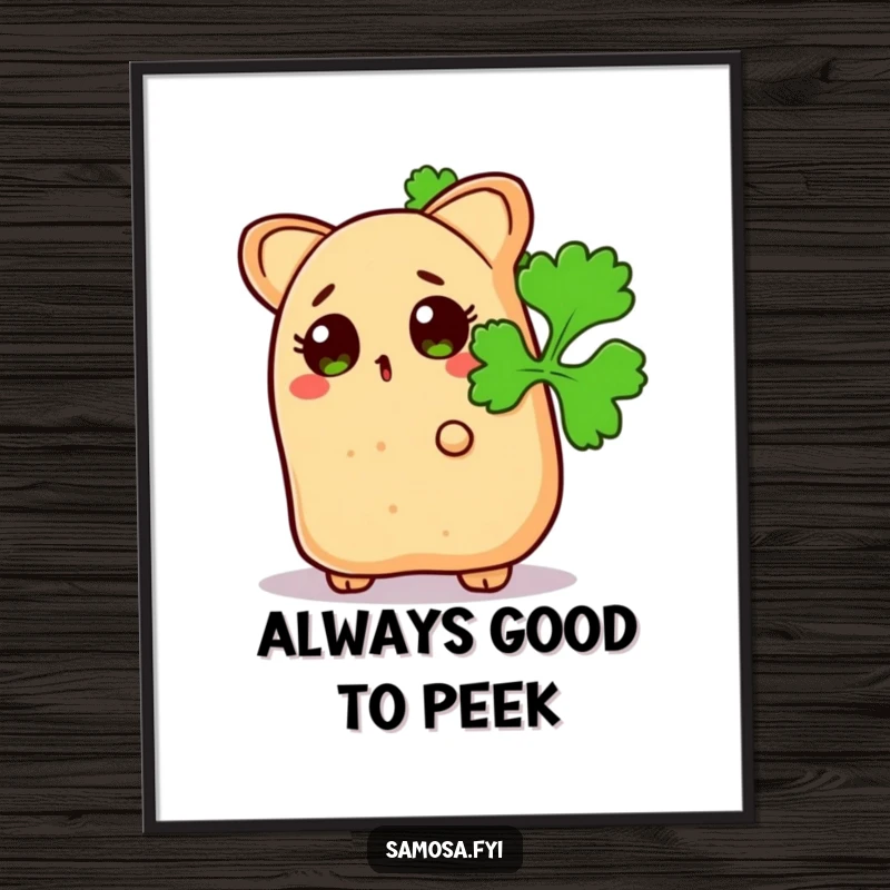 Funny free printable wall art: a surprised samosa cautiously peeks from behind a large, vibrant coriander leaf.