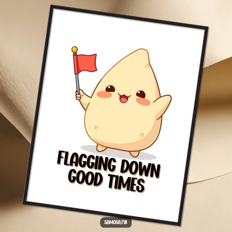 Funny Free Printable Wall Art: Chubby samosa character gleefully waving a tiny flag, adding joy to any room.