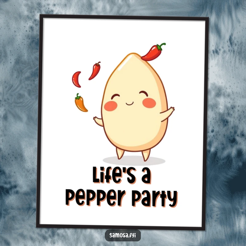 Funny free printable wall art: a smiling samosa artistically juggles small, red chili peppers with playful skill.