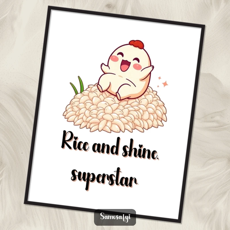 Funny Free Printable Wall Art: A samosa character joyfully sliding down a slope of rice, full of pure, unadulterated glee.