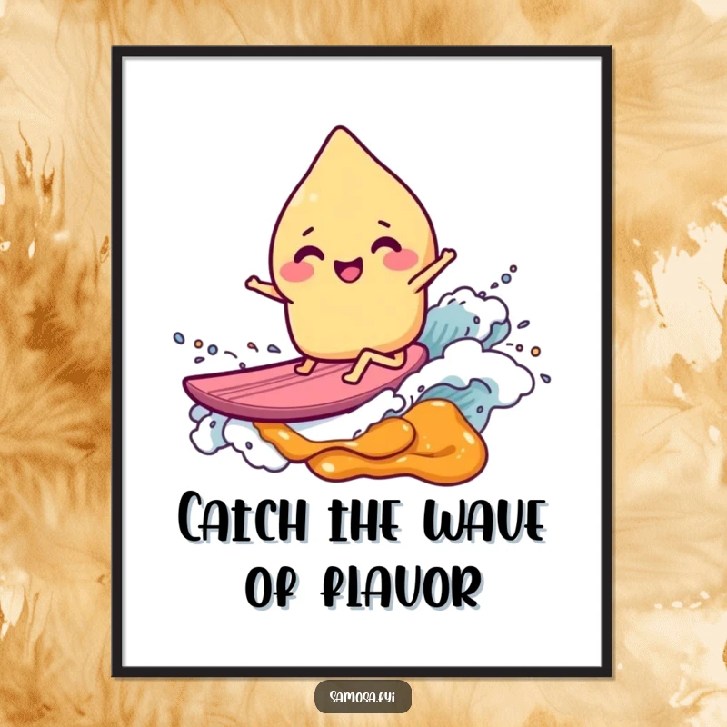Funny Free Printable Wall Art: A giggling samosa character gleefully surfing a dynamic sweet chutney wave, perfect for kitchens.