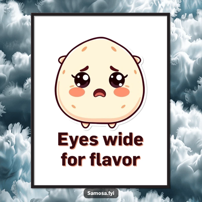 Funny Free Printable Wall Art: Startled samosa character with wide, surprised eyes, adding a humorous touch to home decor.