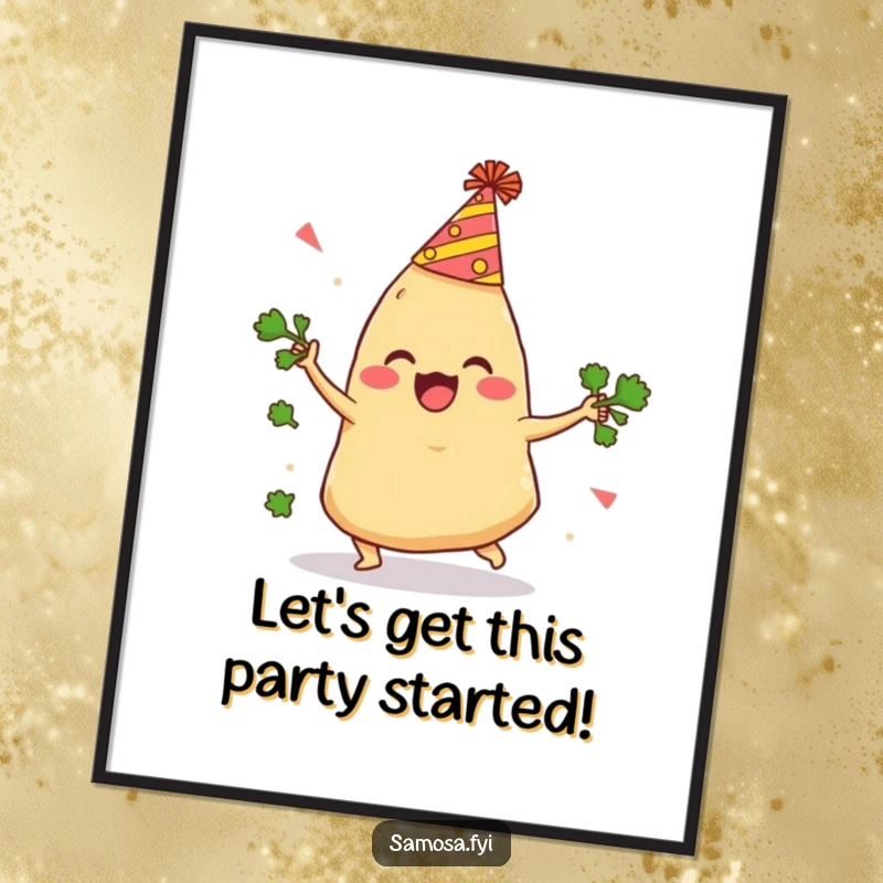 Funny Free Printable Wall Art: Delighted samosa in party hat comically trips while juggling cilantro, a humorous scene.