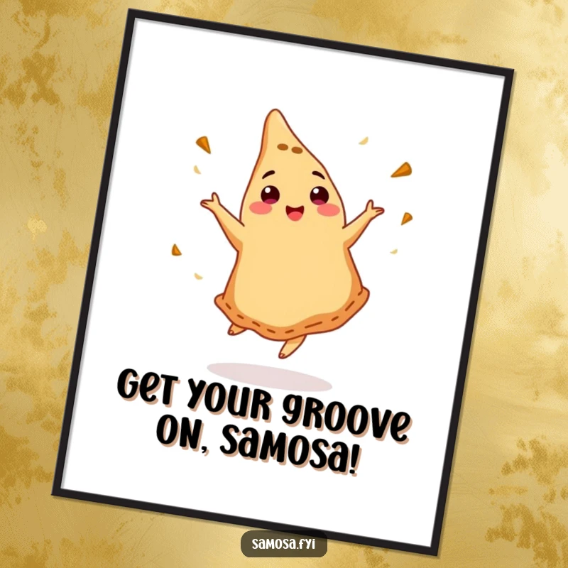 Funny Free Printable Wall Art: A samosa DJ enthusiastically dancing, cumin flying, bringing vibrant energy and humor to any room.