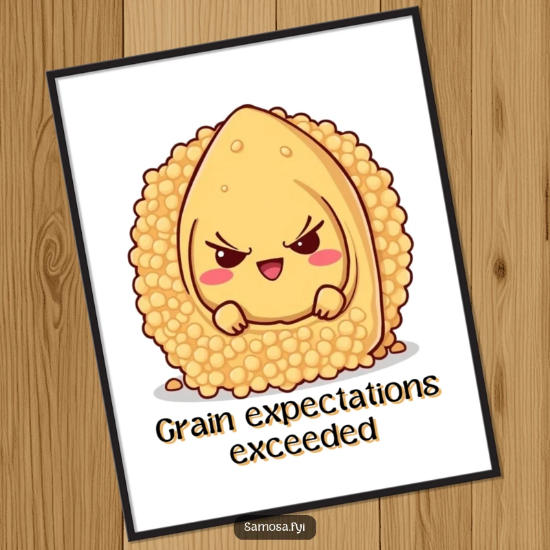 Funny Free Printable Samosa Wall Art, a mischievous character peeking from behind a giant couscous grain, adding playful decor.