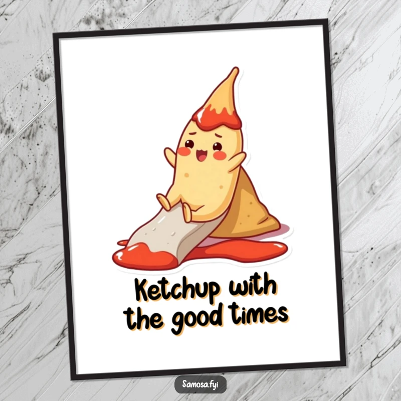 Funny Free Printable Wall Art: Cheerful samosa character joyfully sliding down a ketchup slide, a vibrant downloadable.