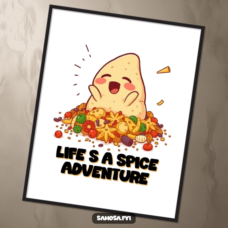 Funny free printable wall art of a giggling samosa character comically falling into a pile of spices, adding a quirky and fun vibe.