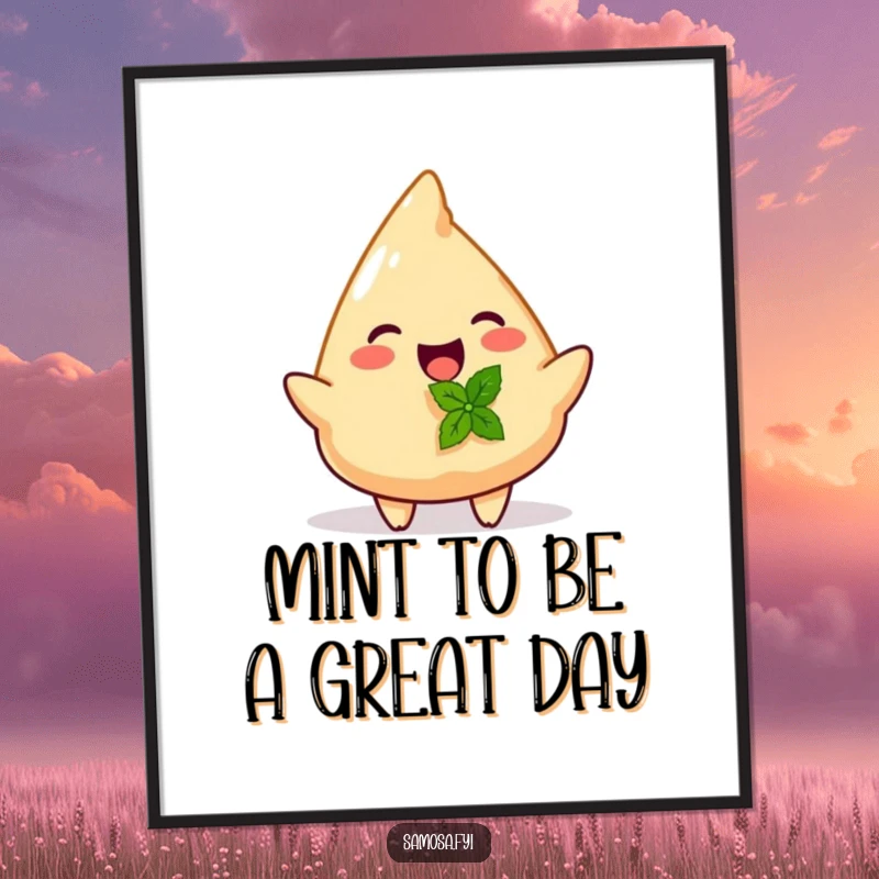 Funny Free Printable Wall Art: Joyful samosa offers a tiny mint leaf, delicious and humorous decor.