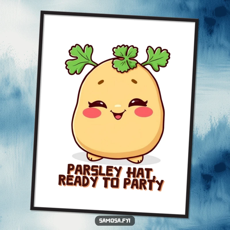 Funny Free Printable Wall Art: Mischievous samosa winks wearing a parsley hat, playful and witty decor.