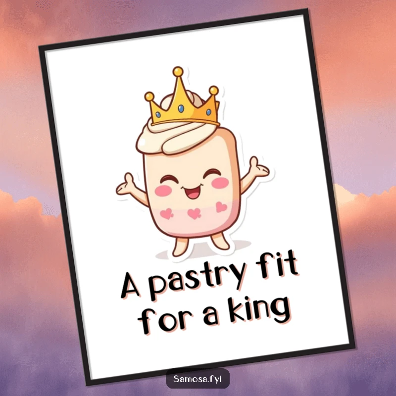 Funny free printable wall art: A pastry character proudly wearing a crown strikes a goofy, regal pose, adding humor.