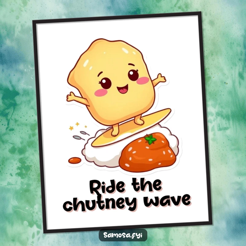Funny Free Printable Wall Art: Smiling pastry surfing a dollop of chutney, humorous downloadable art for kitchens.