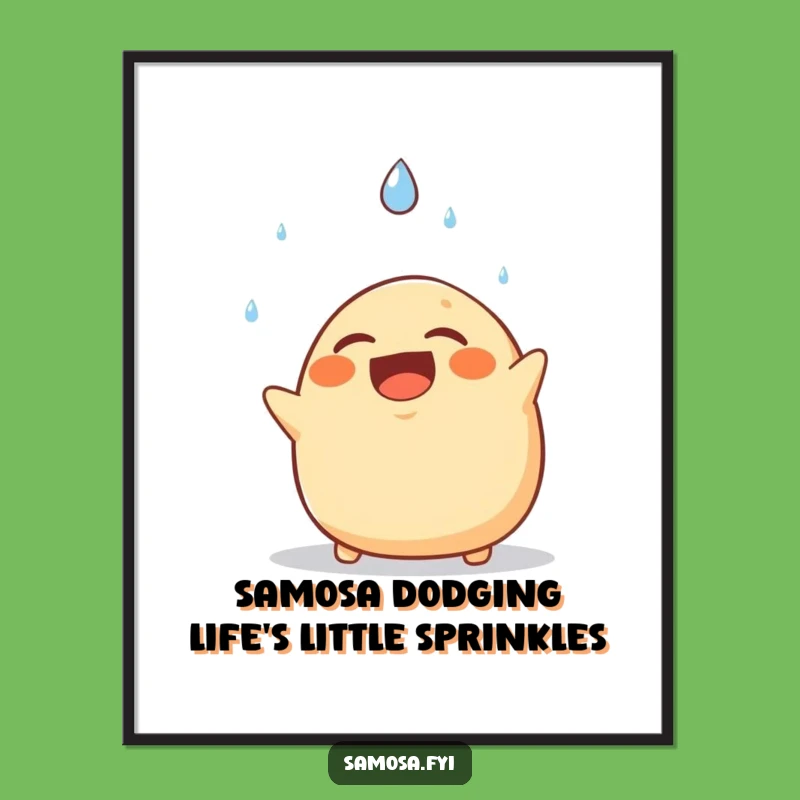Free Printable Wall Art: Laughing Samosa Dodging Rain - Funny Downloadable Humorous Decor