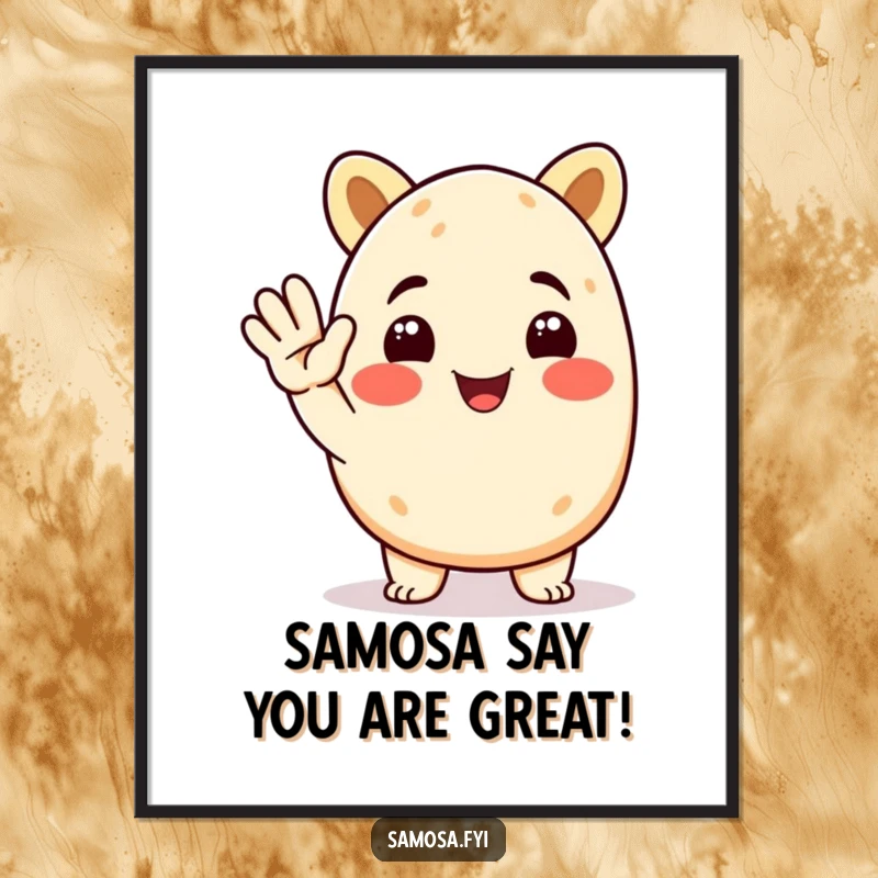 Funny Free Printable Wall Art: Animated smiling samosa character giving a spirited, cheerful salute.