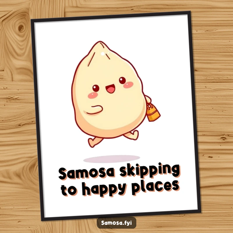 Funny Free Printable Wall Art: A samosa joyfully skipping with a small bag, showcasing vibrant energy and a carefree, happy disposition.
