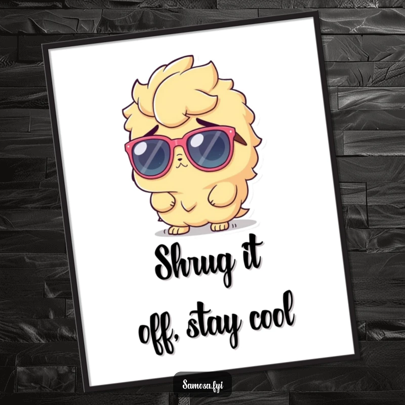 Funny Free Printable Samosa Art: A samosa character wearing oversized sunglasses and shrugging with innocent coolness.