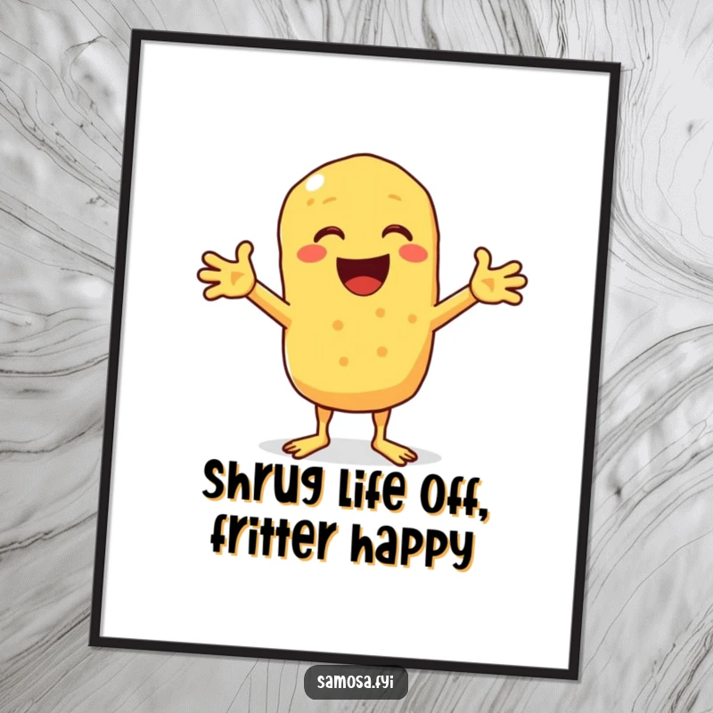 Funny Free Printable Wall Art: Happy chickpea fritter comically shrugging with arms out, humorous downloadable art.