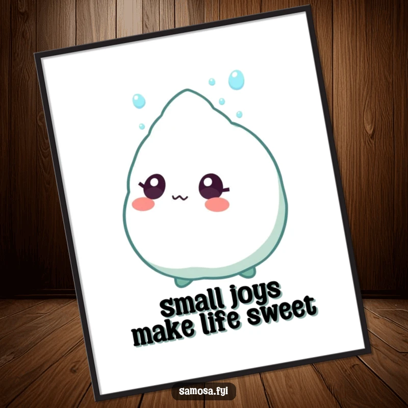 Funny Free Printable Samosa Art: A samosa character with wide eyes looking up in amazement at a falling sprinkle.