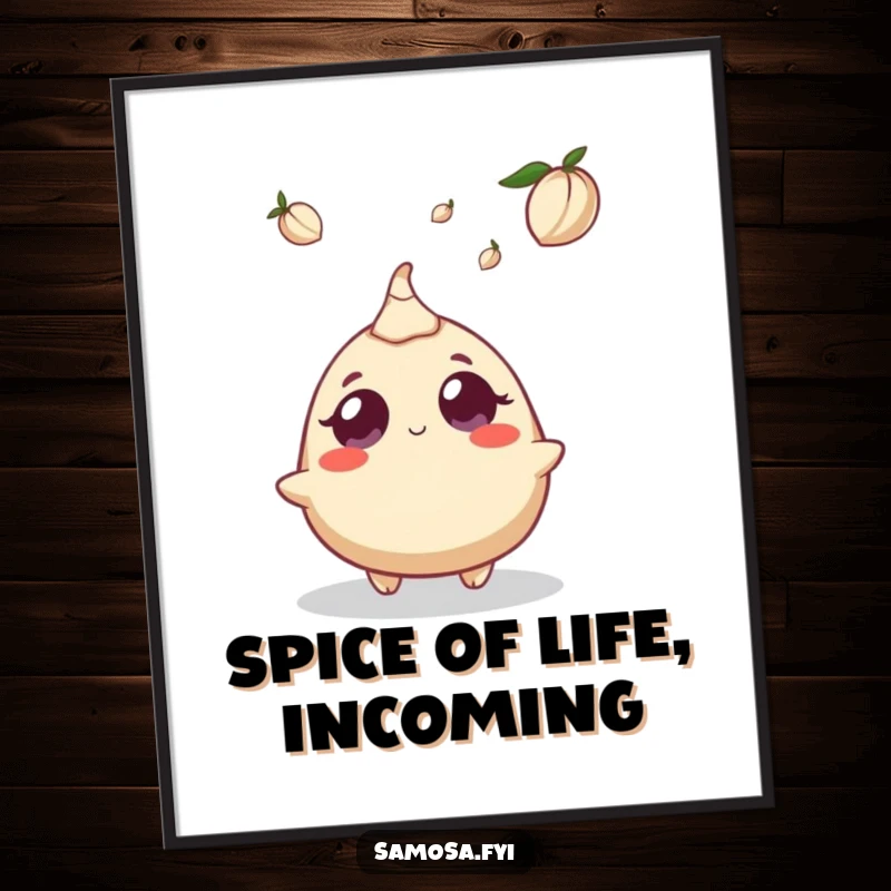 Funny Free Printable Wall Art: Samosa character looking up with wide, astonished eyes at an overhead falling cardamom pod.