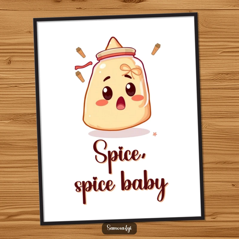 Funny Free Printable Samosa Wall Art: A startled samosa staring at a floating spice jar, capturing comical foodie surprise.
