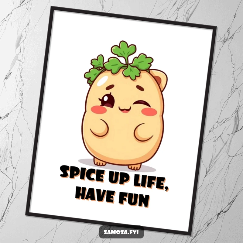 Funny Free Printable Wall Art: A mischievous samosa winks playfully under a parsley hat, adding quirky charm to decor.