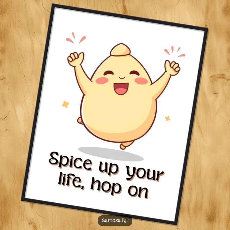 Funny Free Printable Wall Art: A plump samosa character captured mid-hop in a victorious celebration.