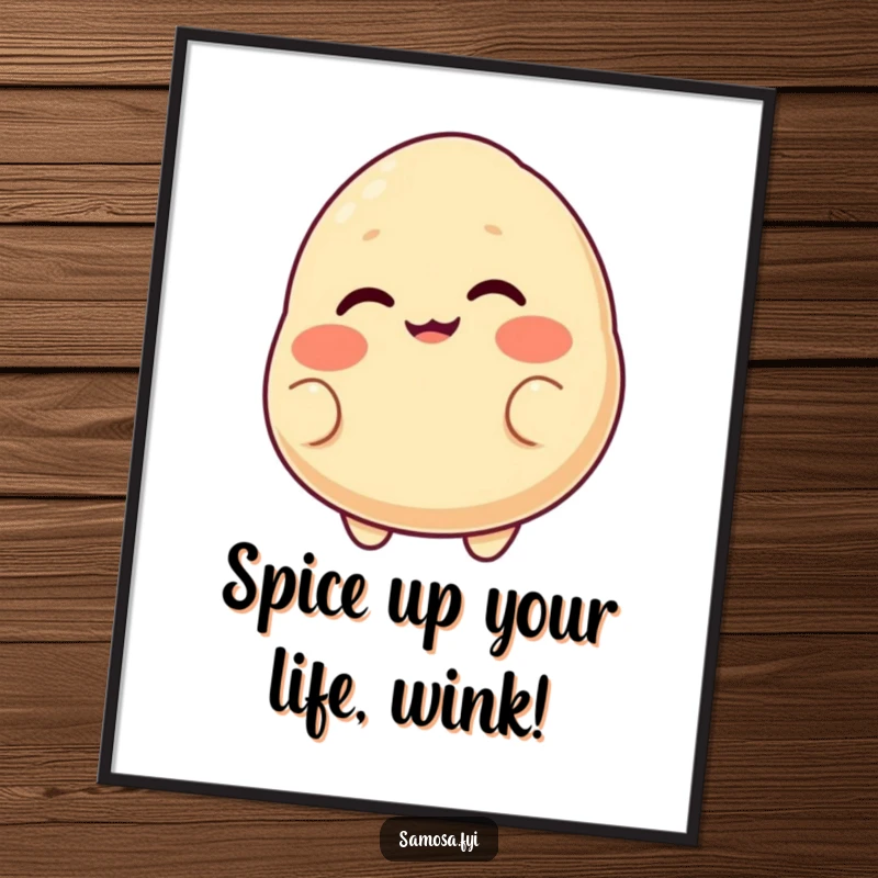 Funny Free Printable Wall Art: A blushing samosa character with a cheeky grin playfully winks at the viewer.