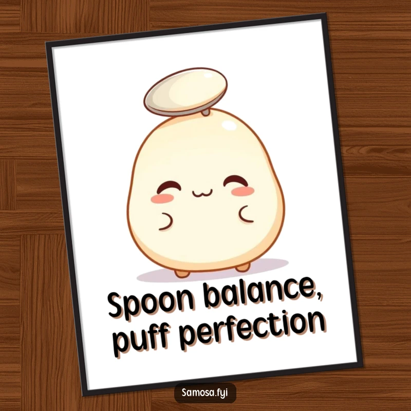 Funny Free Printable Wall Art: Plump pastry puff comically balancing a tiny spoon on its head, humorous downloadable art.