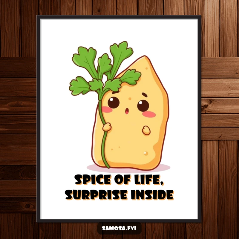 Funny free printable wall art of a surprised samosa hiding behind a coriander leaf, adding a touch of humor to any room.