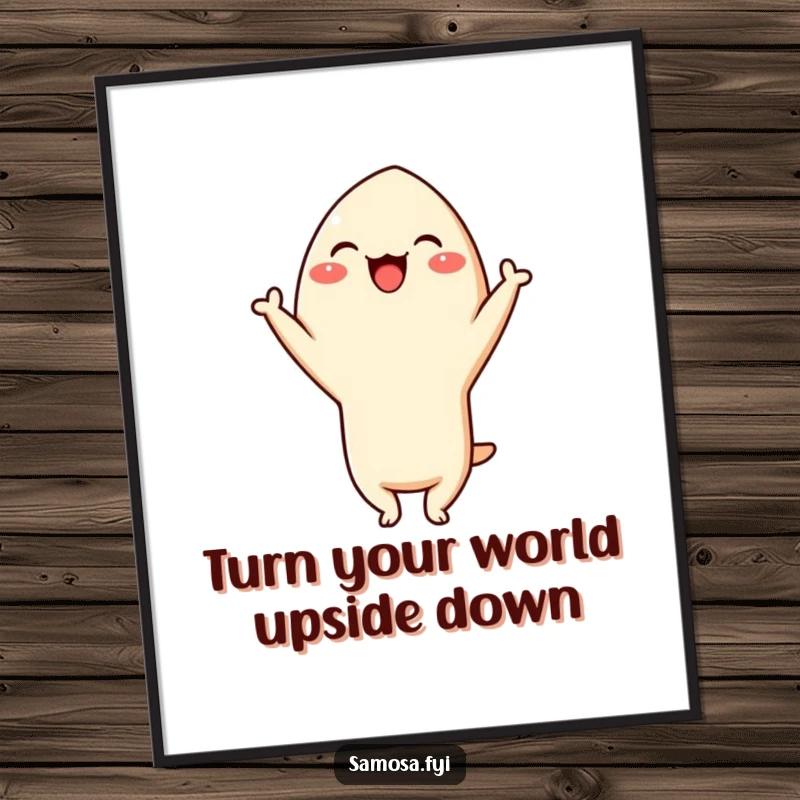 Funny Free Printable Wall Art: Giggling samosa character in a playful headstand, bringing humor and personality to decor.