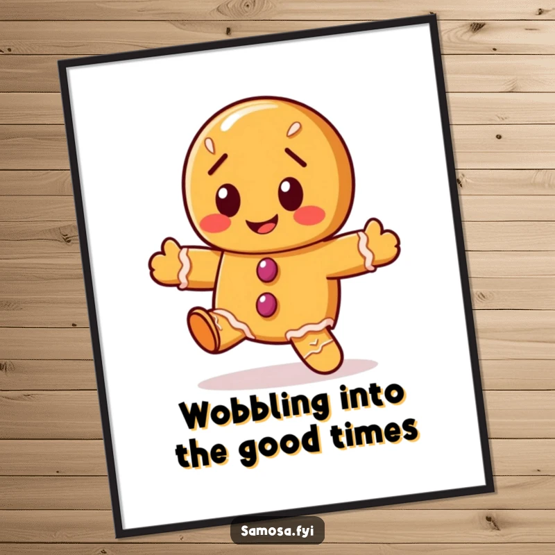 Funny Free Printable Wall Art: A cheerful gingerbread cookie character joyfully attempts a hilariously wobbly dance.