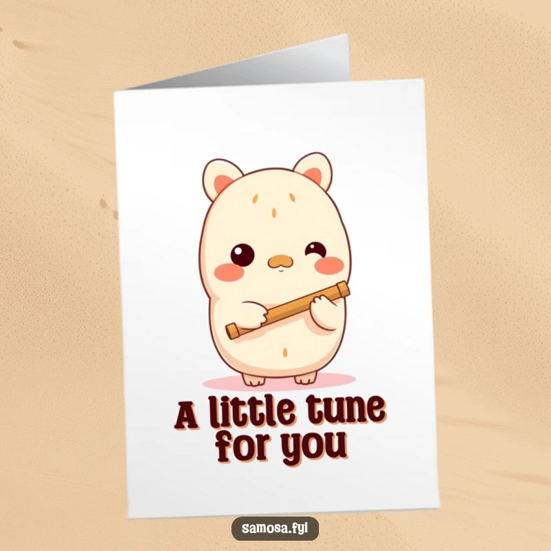 Funny free printable birthday card featuring a shy samosa character tenderly playing a tiny flute, offering a sweet greeting.