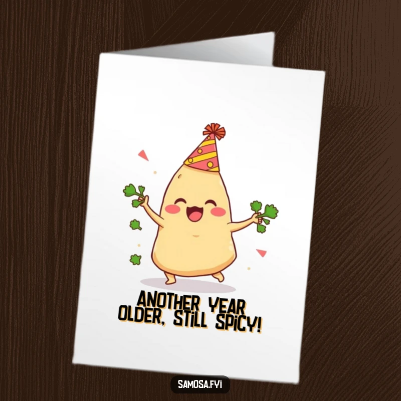 Funny Free Printable Birthday Card: Excited samosa in party hat trips juggling cilantro, spreading laughter.
