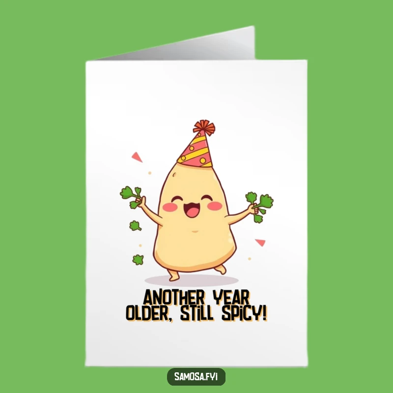 Free Printable Funny Birthday Card: Delighted Samosa Juggling Cilantro - LOL Downloadable Gift