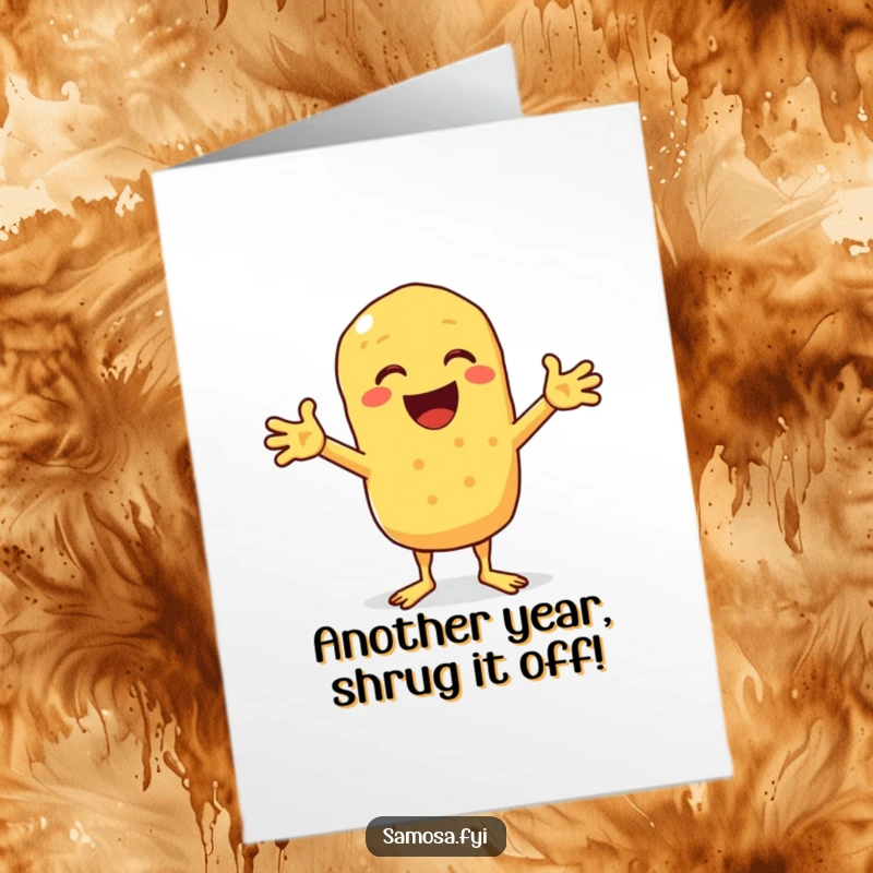 Funny Free Printable Birthday Card: Happy chickpea fritter shrugging comically with arms out, perfect for DIY gift.