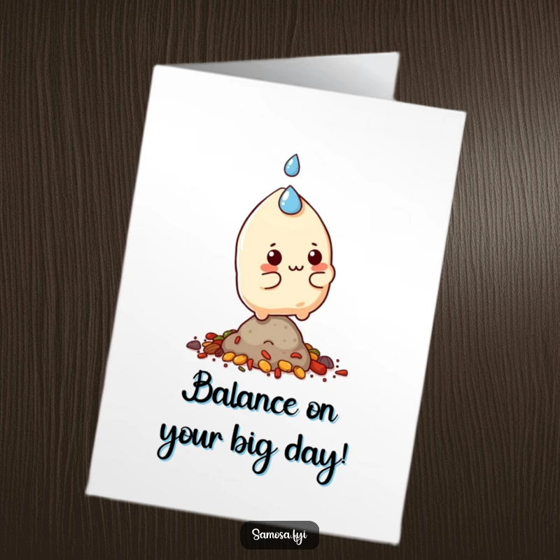 Funny Free Printable Samosa Birthday Card, a character sweating and balancing precariously on spices, wishing a happy birthday.